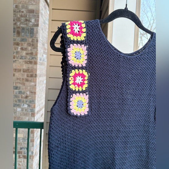 🆕Rain+Rose Navy Crochet Granny Square Sweater Top SizeM Boho Cottagecore Cotton - Picture 5 of 11